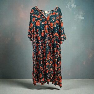 NWT Hayden Surplice Dress Womens 1X Blue Orange Floral Flowy Chiffon Boho V-Neck